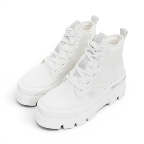Buffalo Raven Hi white canvas lace-up platform boots with a chunky sole and pull tabs.