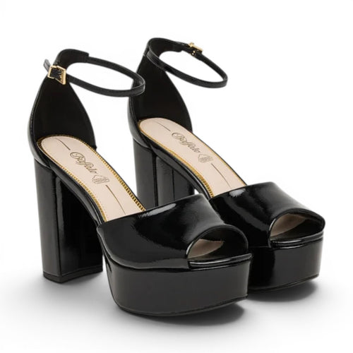 Buffalo Jessie Neat black patent platform sandals with ankle strap and peep toe. Chunky block heel.