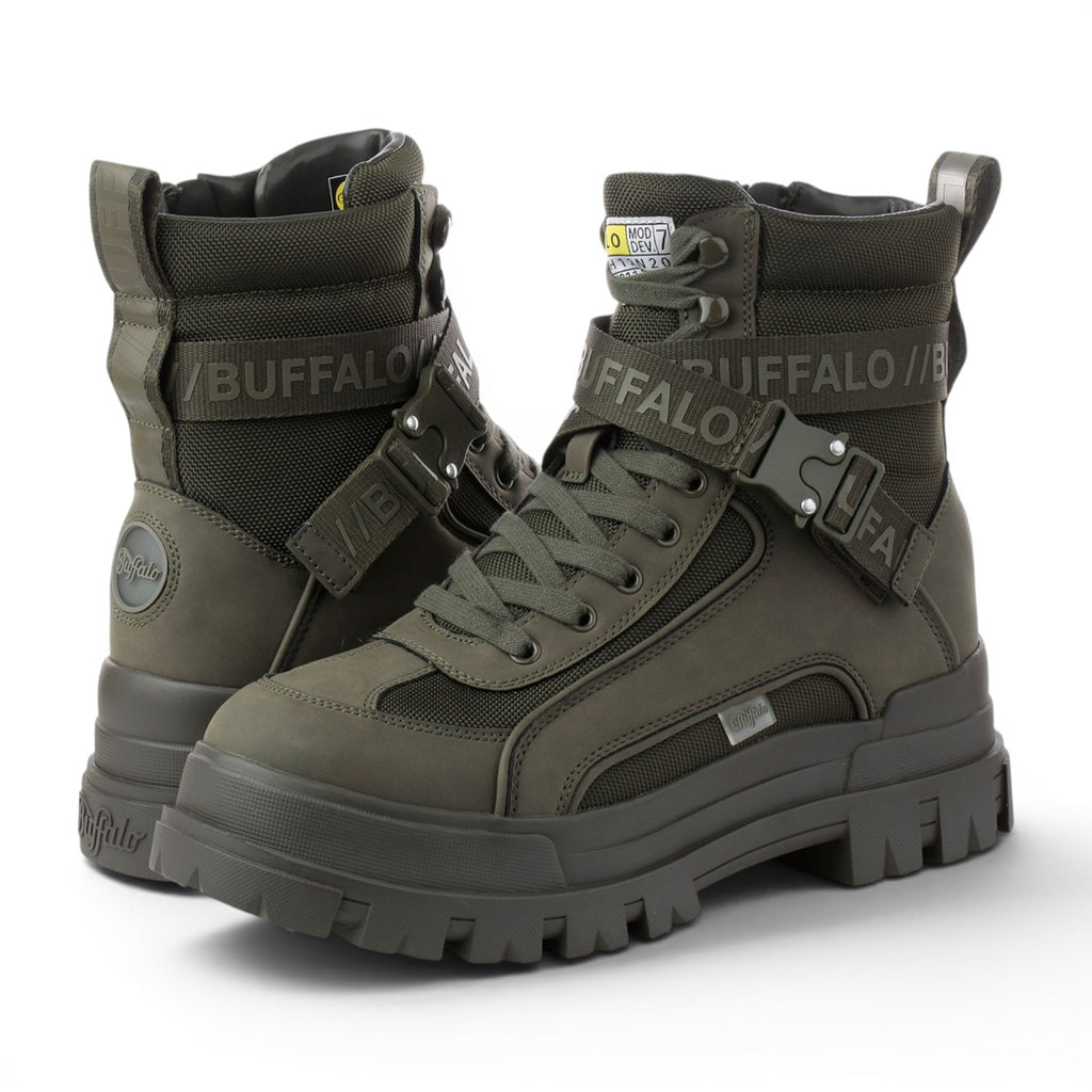 Buffalo Aspha Com1 BS olive green combat boots with buckle straps and chunky sole.