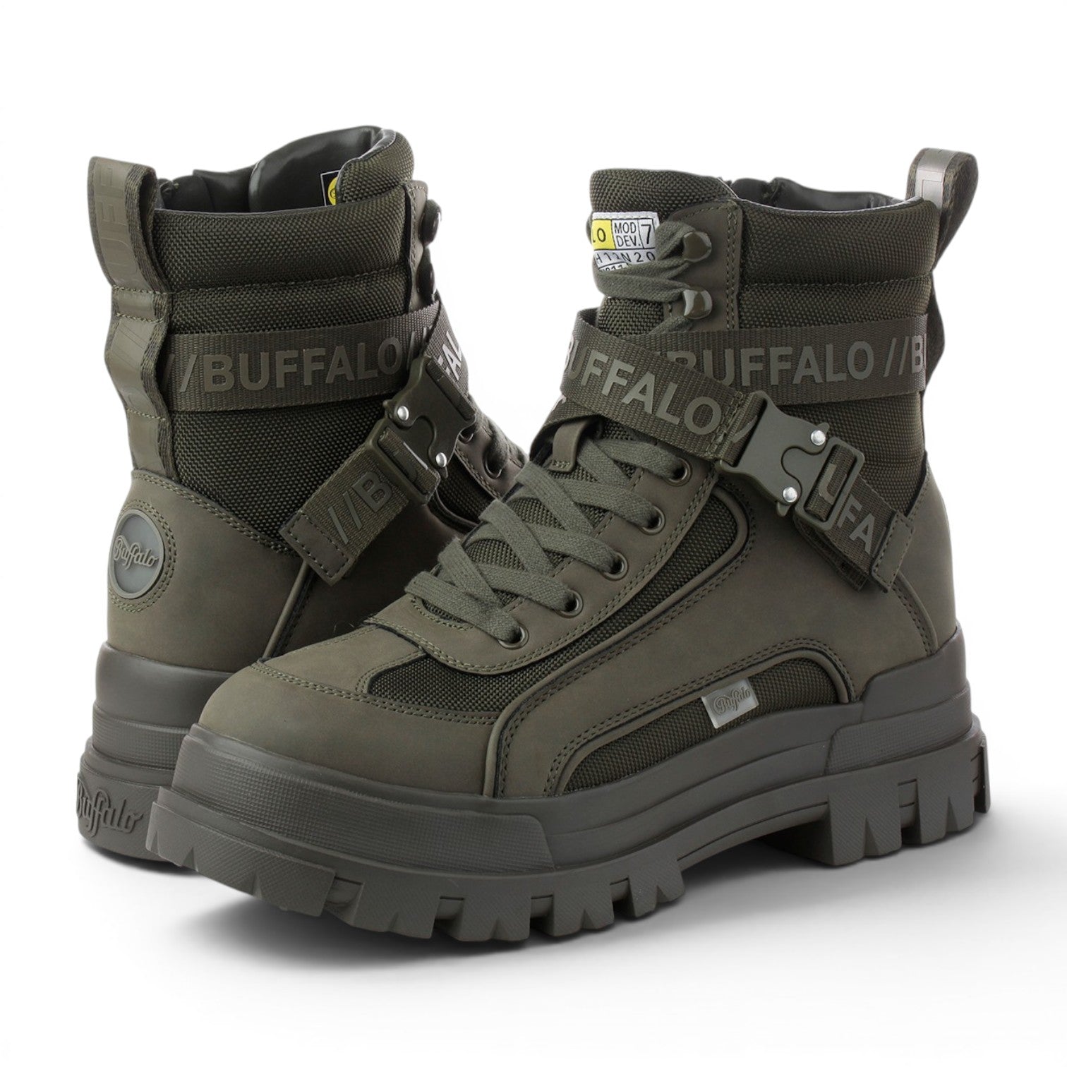 Buffalo Aspha Com1 BS olive green combat boots with buckle straps and chunky sole.