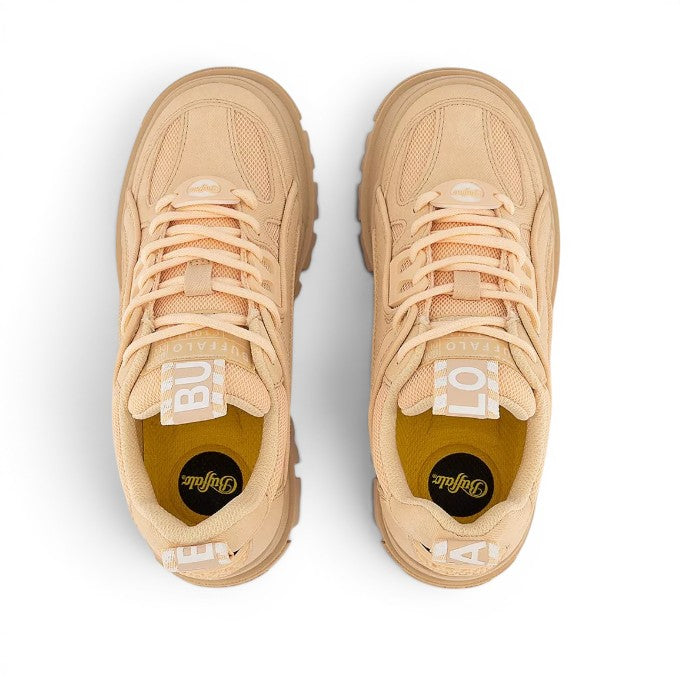 Buffalo Aspha HYB beige chunky sneakers with mesh panels and lace-up closure.