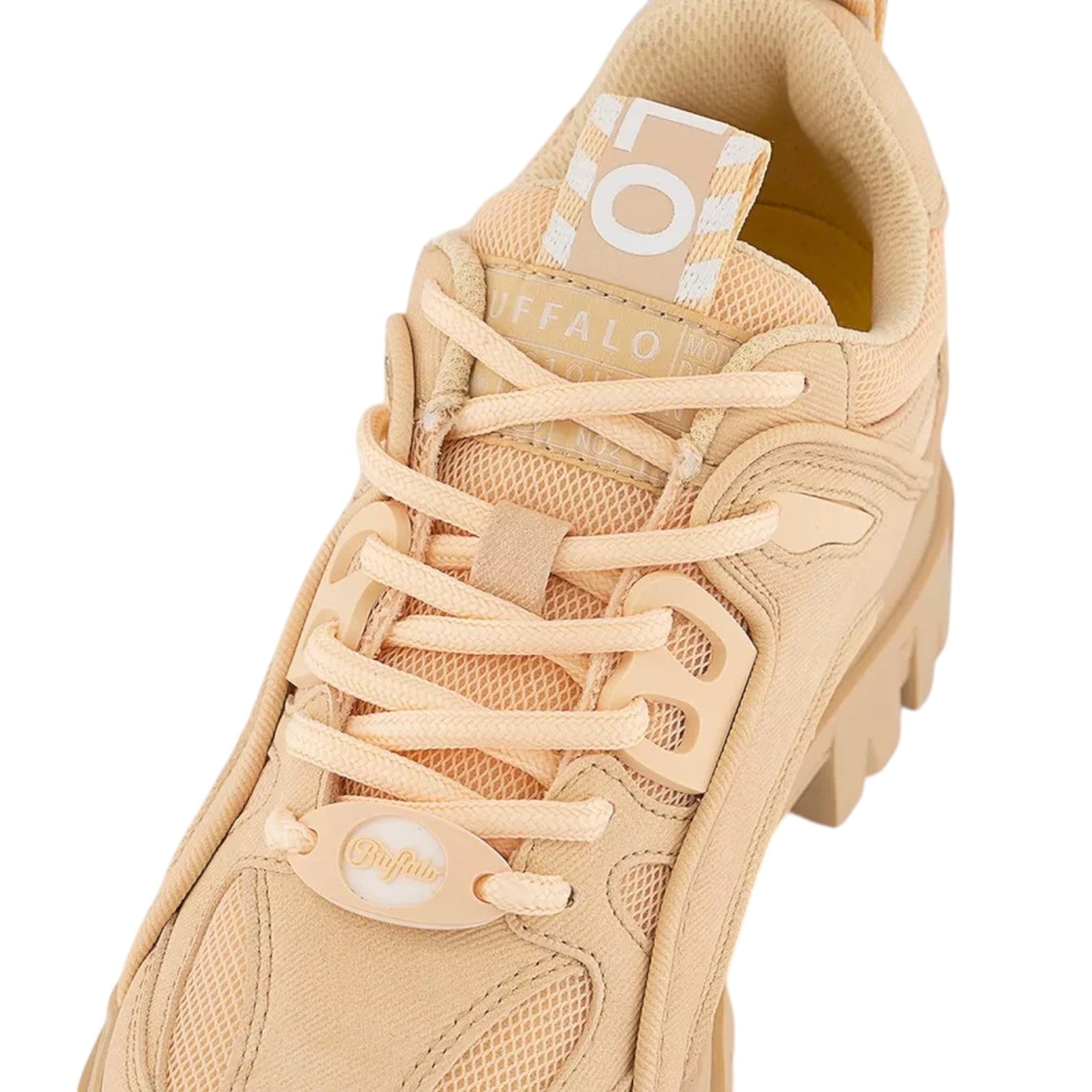 Buffalo Aspha HYB beige canvas and mesh chunky sole sneakers with lace-up closure.
