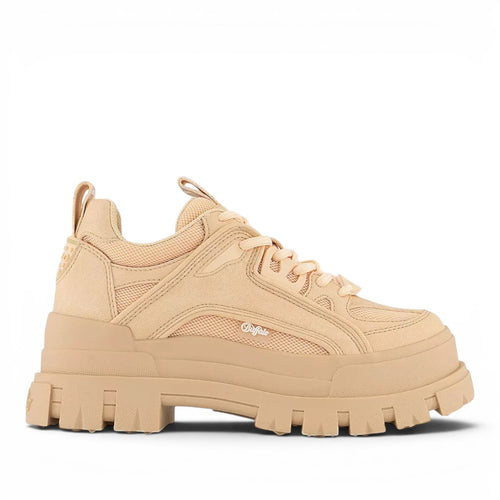 Buffalo Aspha HYB beige canvas and mesh platform sneakers with chunky sole.