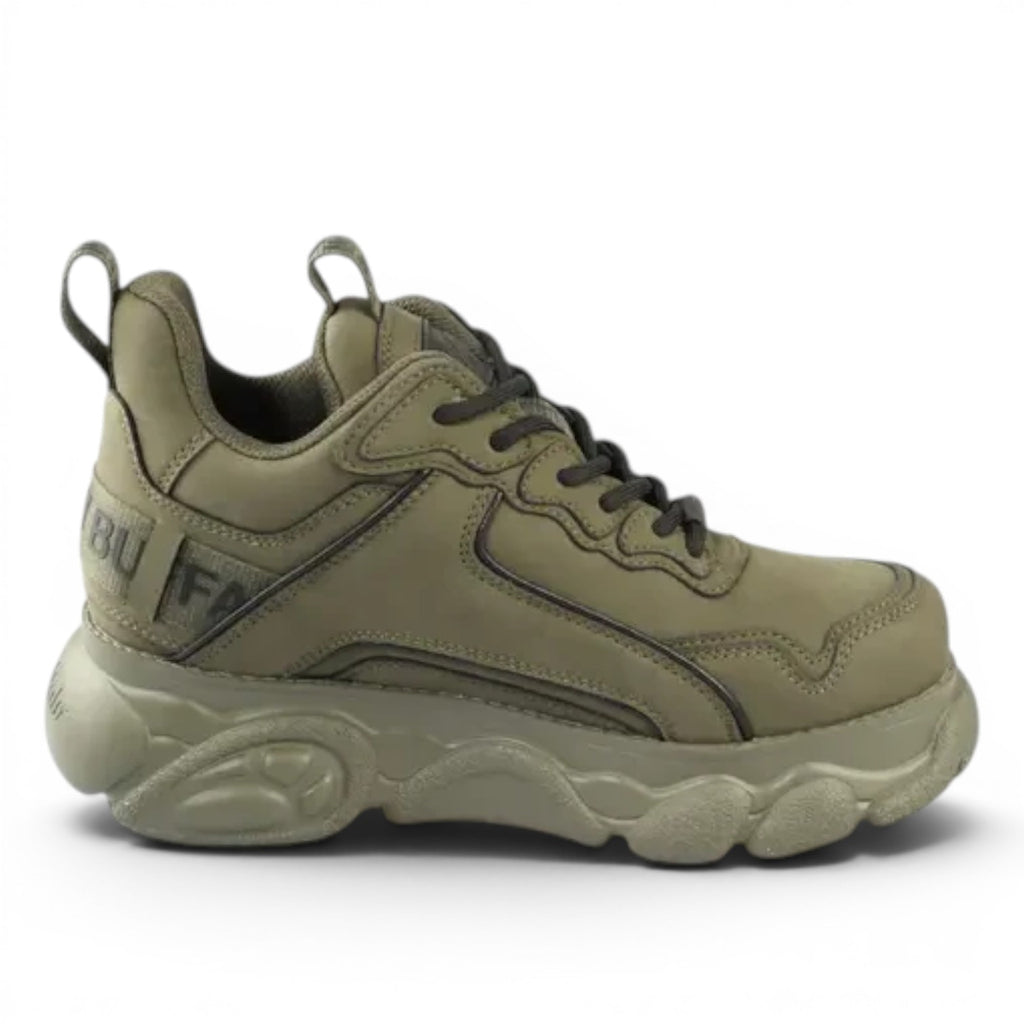 Buffalo khaki green chunky sole sneakers with lace-up closure and pull tabs.