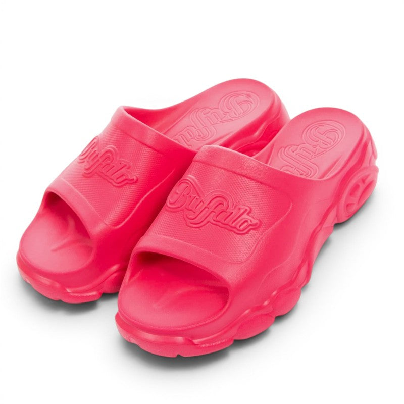 Buffalo pink rubber slide sandals with embossed logo detail and chunky platform sole.