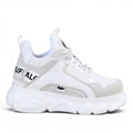 Buffalo white chunky platform sneakers with grey accents and black logo detail.