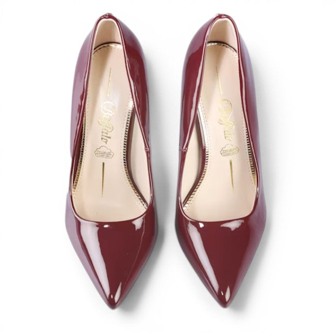 Buffalo Sienna pump in glossy burgundy patent leather with a pointed toe and high heel.