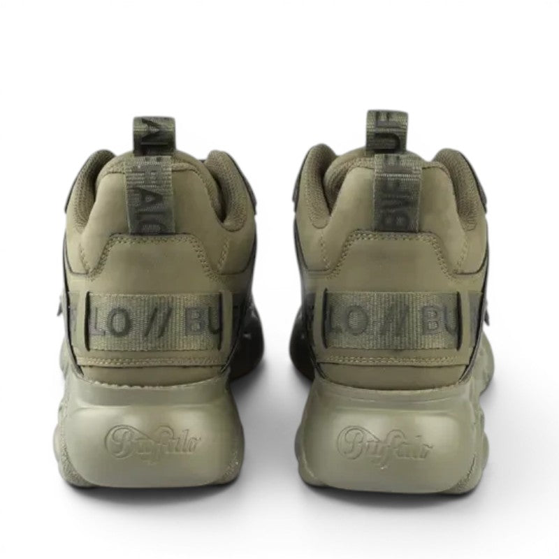 Buffalo khaki green chunky sole sneakers with logo detail on heel strap and sole.