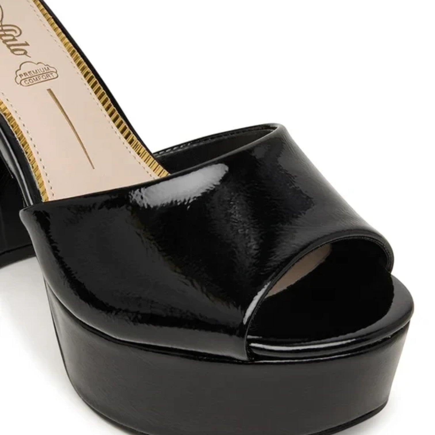 Buffalo Jessie Neat black patent platform sandals with peep toe and ankle strap.