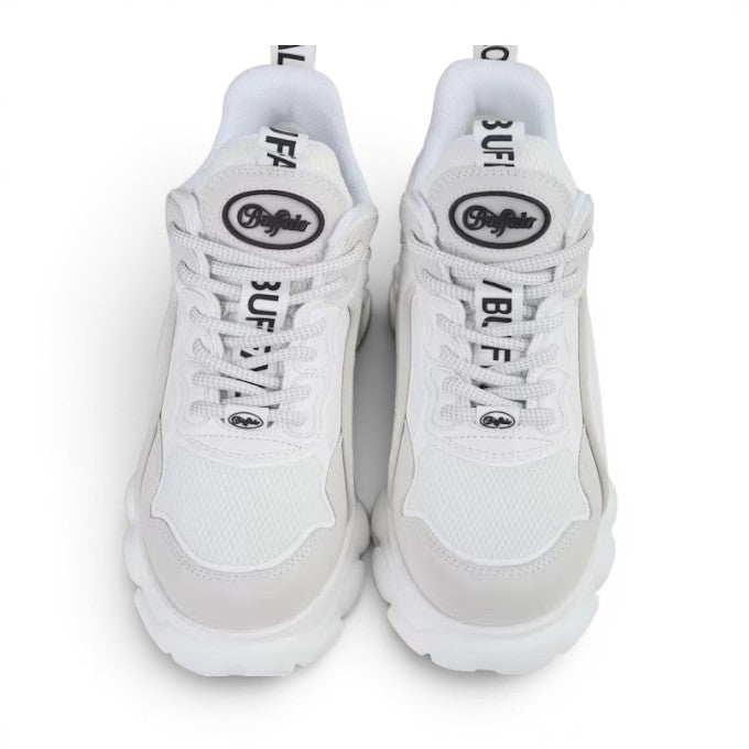 Buffalo white mesh and leather low-top sneakers with chunky sole and logo detail.