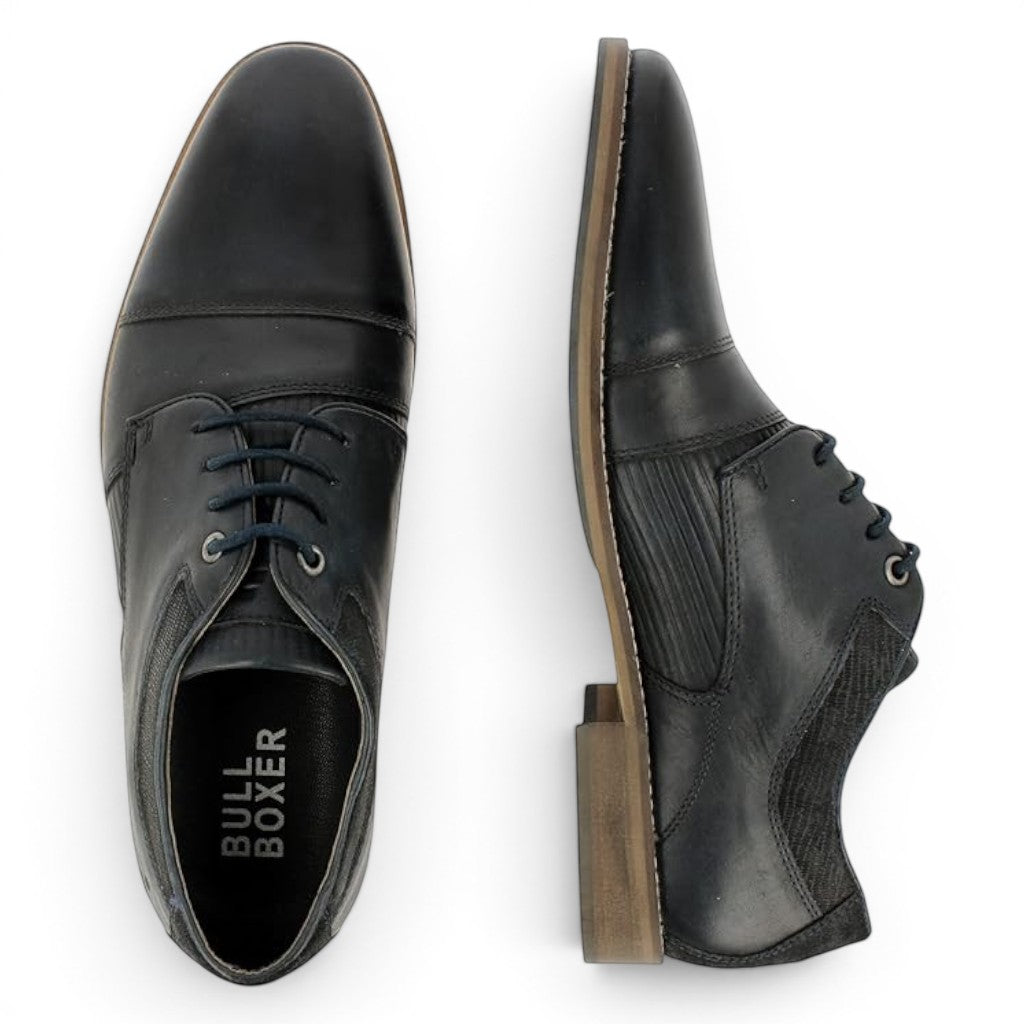 Bullboxer dark blue leather cap-toe oxford shoes with lace-up closure and textured side panels.