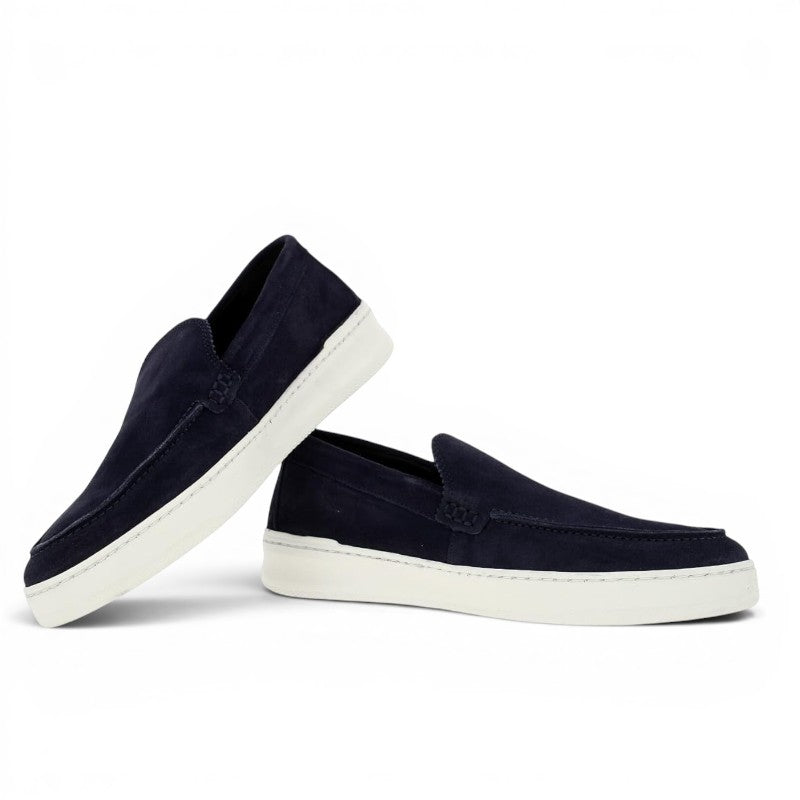 Bullboxer 481P11367 navy blue suede slip-on loafers with white soles.
