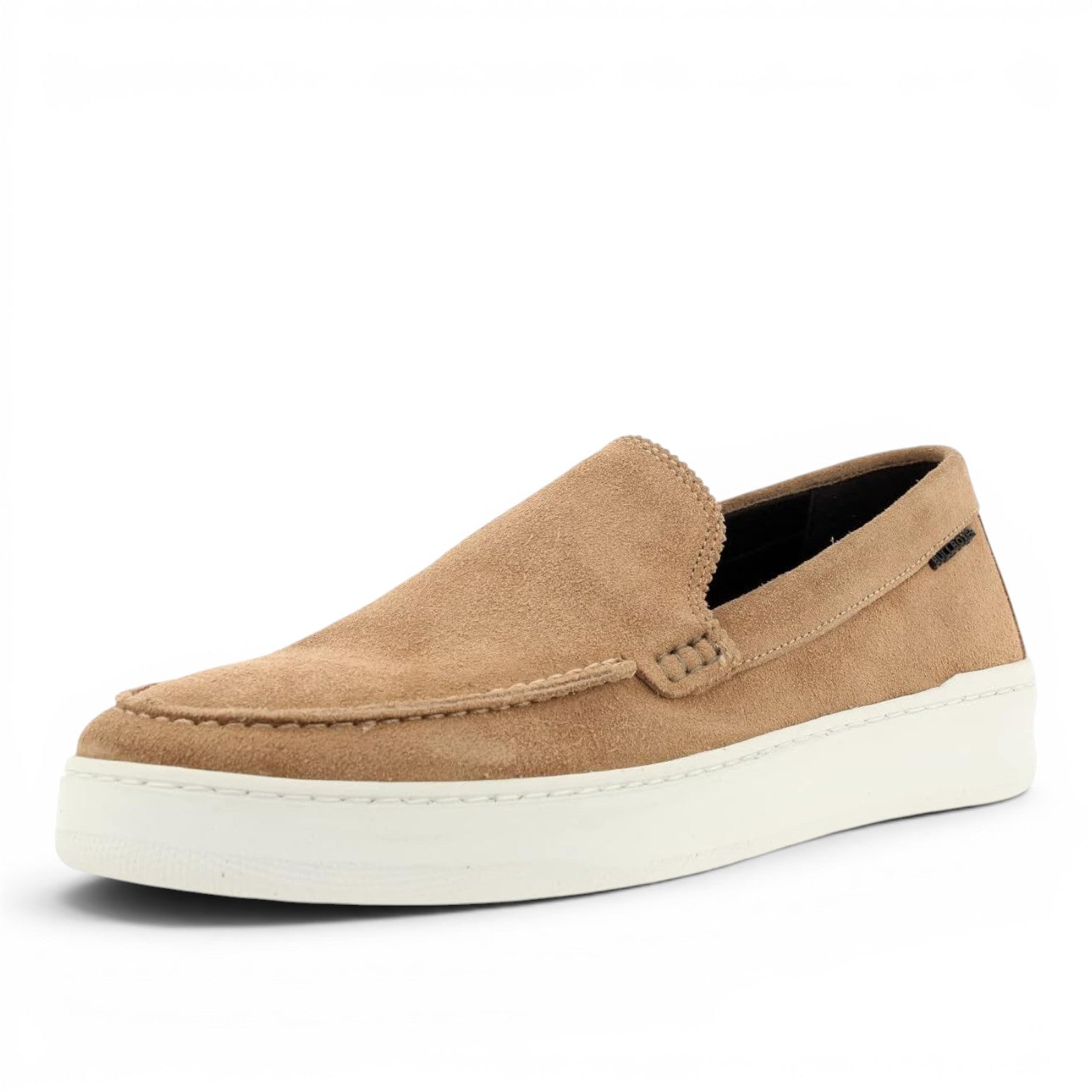 Bullboxer tan suede slip-on loafers with white sole and decorative stitching.