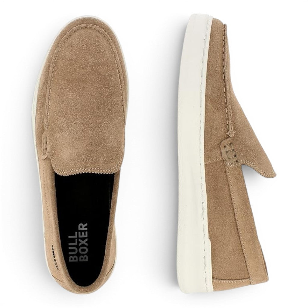 Bullboxer tan suede slip-on loafers with white soles and stitched detailing.