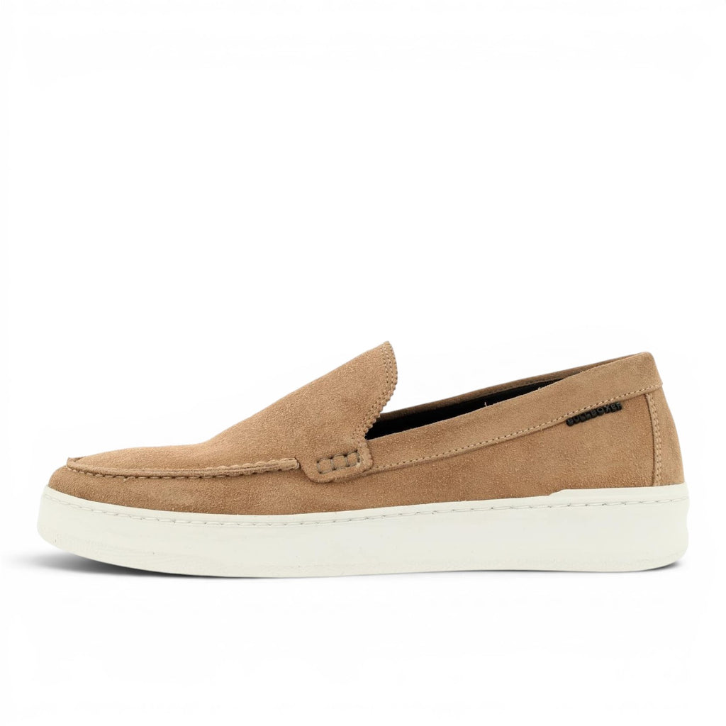 Bullboxer tan suede loafers with white sole and stitched detailing. Casual slip-on shoe.