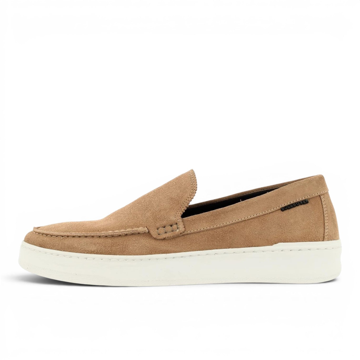 Bullboxer tan suede loafers with white sole and stitched detailing. Casual slip-on shoe.