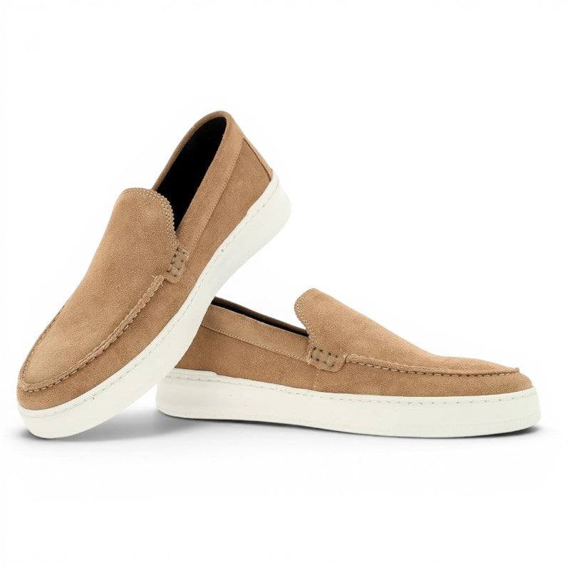 Bullboxer 481P11367 tan suede slip-on loafers with white soles and decorative stitching.
