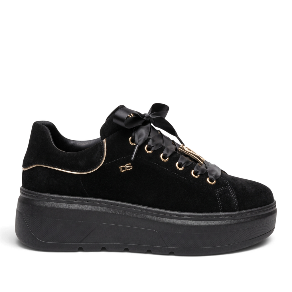 ShoeShop black suede platform sneakers with satin ribbon laces and gold metallic accents