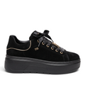 ShoeShop black suede platform sneakers with satin ribbon laces and gold metallic accents