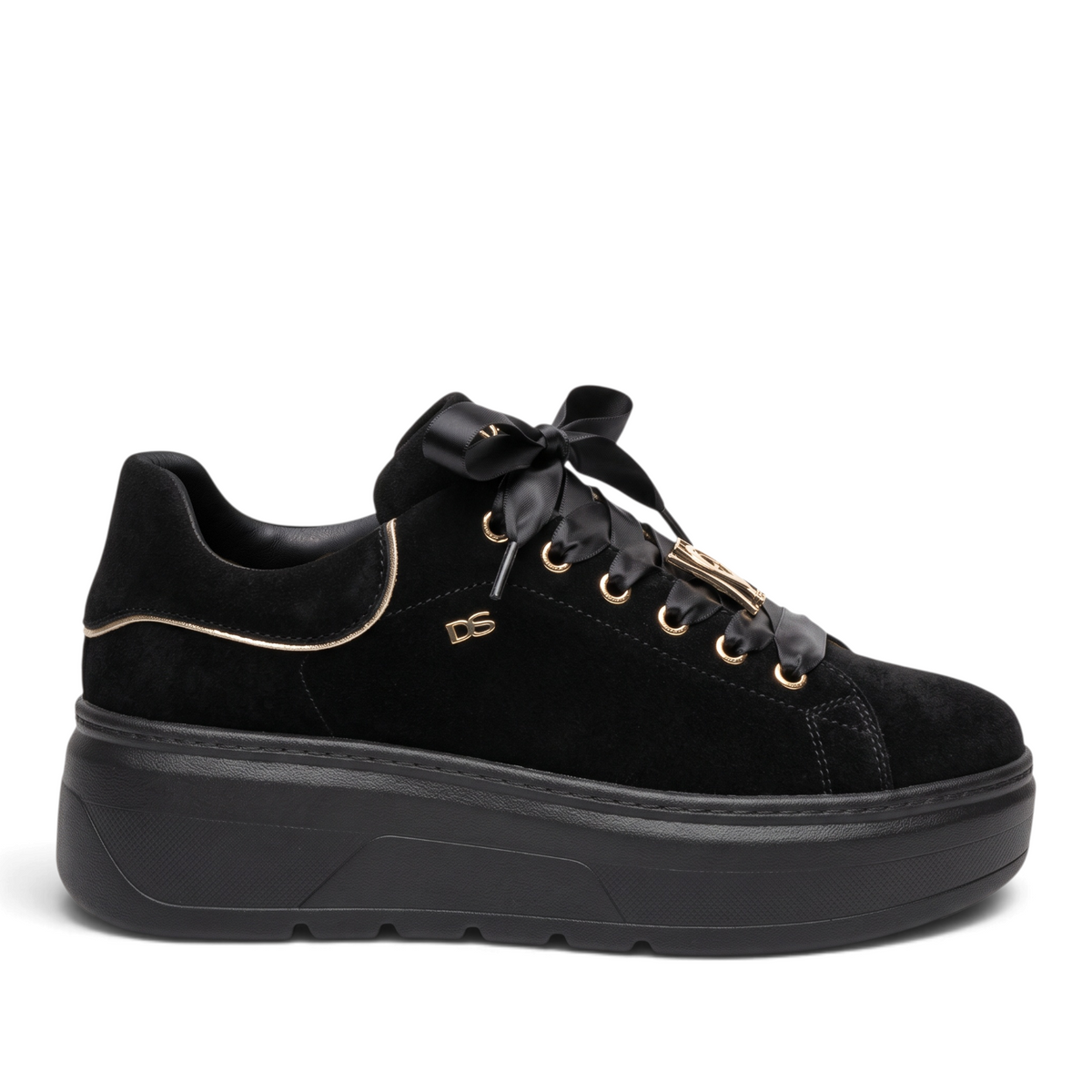 ShoeShop black suede platform sneakers with satin ribbon laces and gold metallic accents
