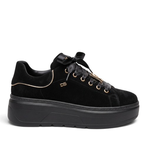 ShoeShop black suede platform sneakers with satin ribbon laces and gold metallic accents