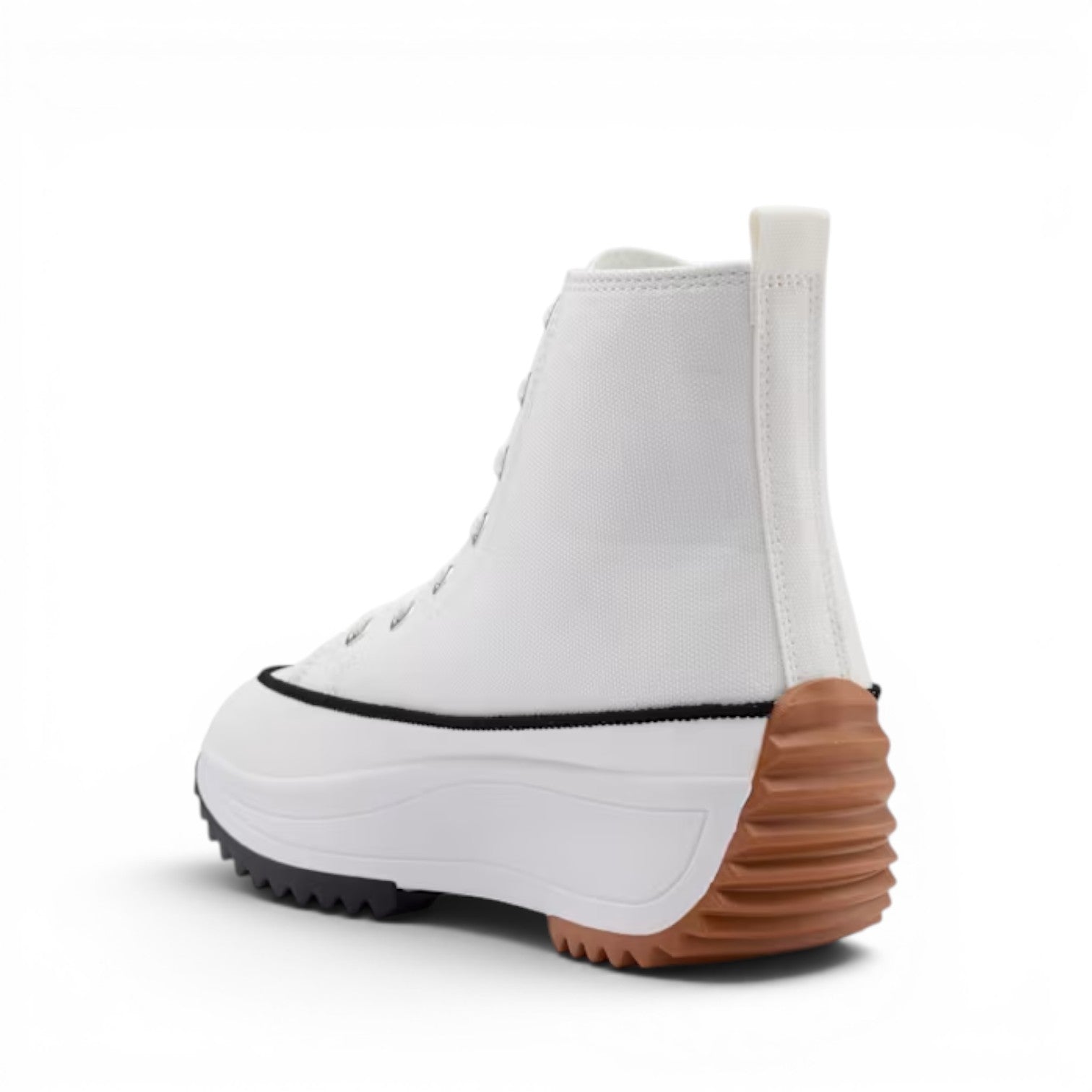 Claudia Ghizzani white textile high-top sneakers with a thick rubber sole and brown heel accent.