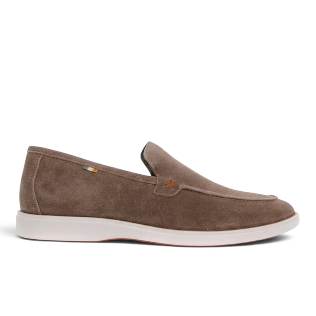 ShoeShop Cafe Moda brown suede loafers with a white rubber sole and textile lining, side view