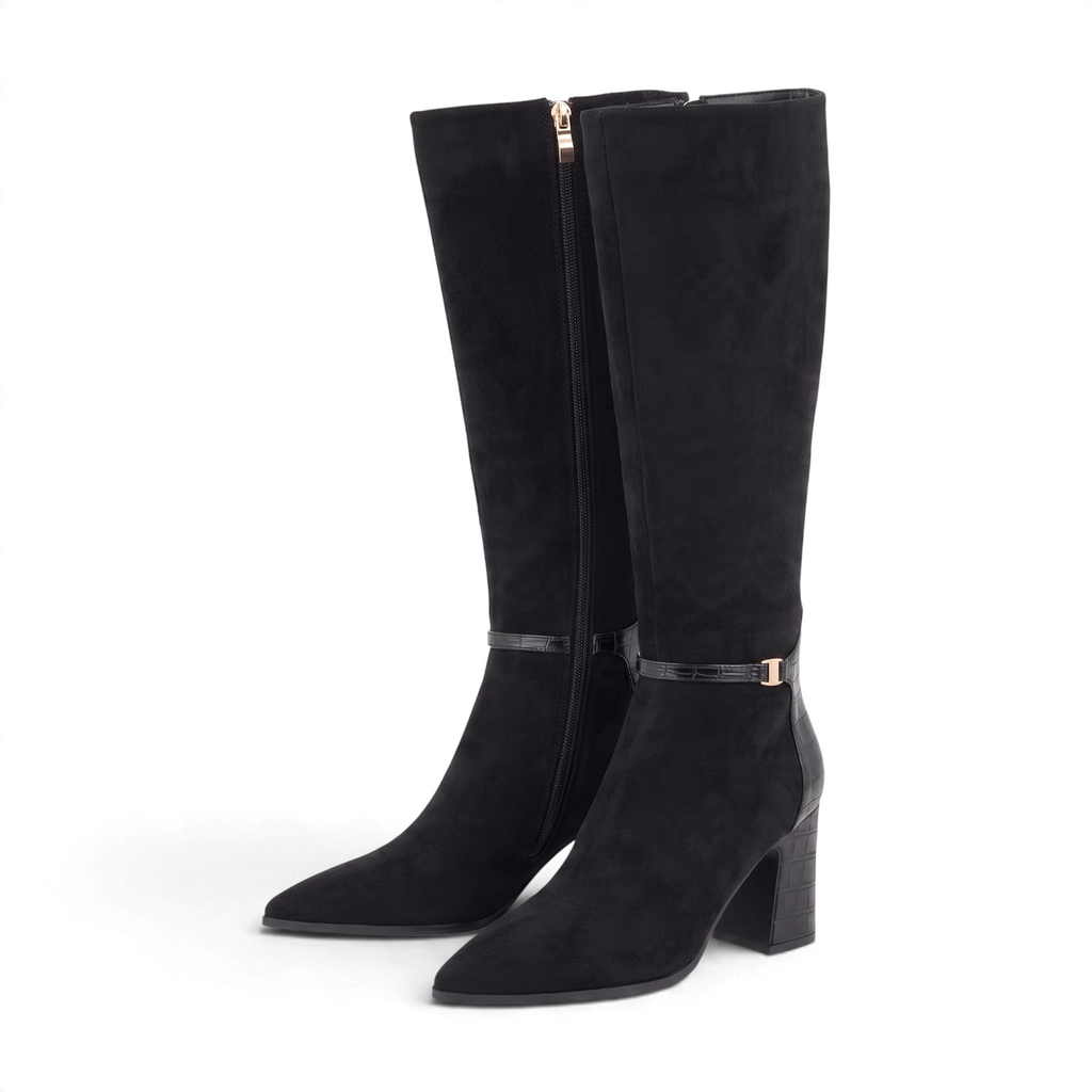 ShoeShop black knee-high boots in suede and synthetic material with an 8.5cm block heel and side zipper closure