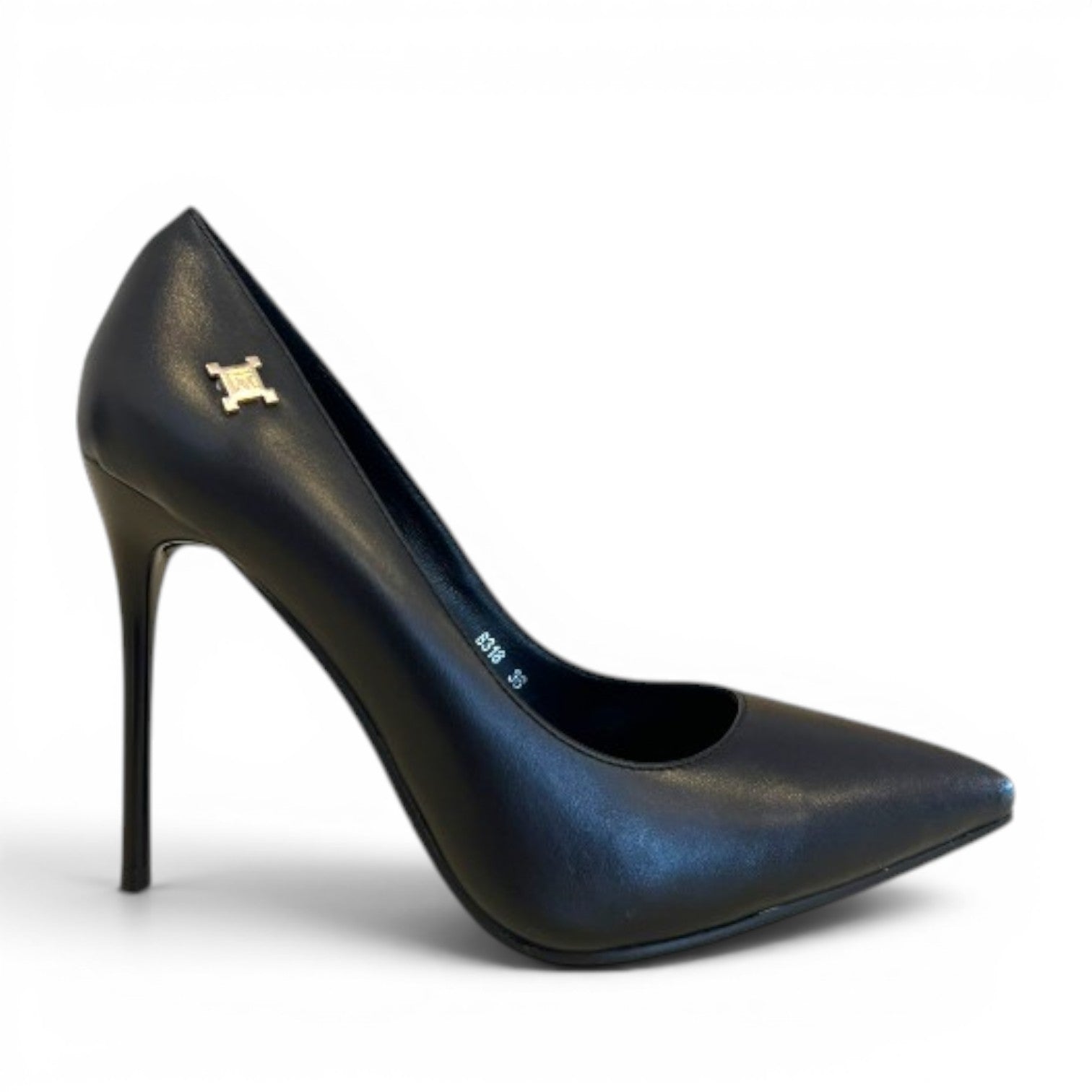 Laura Biagiotti black synthetic pointed-toe pumps with a 10.5cm heel and gold emblem detail.