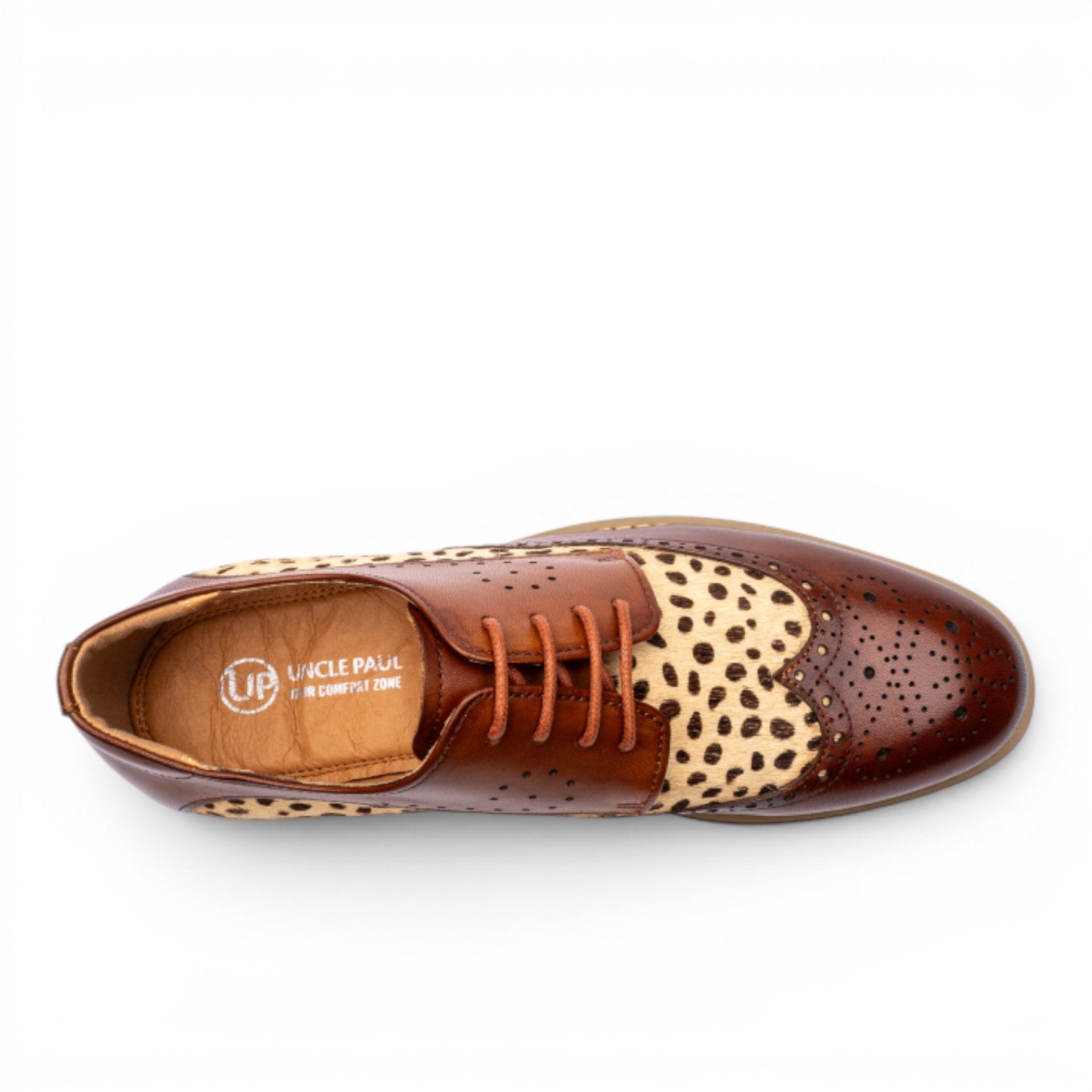 ShoeShop Uncle Paul Mathilda brown leather wingtip shoes with leopard print accents and brogue detailing.