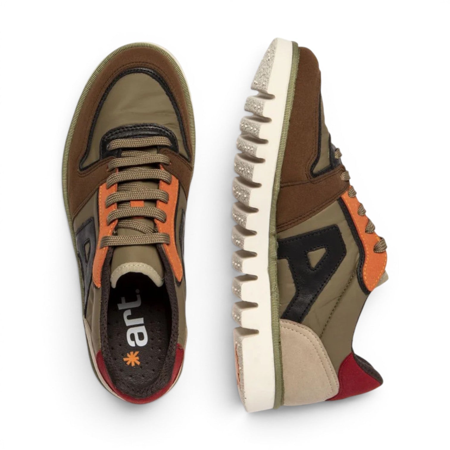 My Store ART 1589 sneakers with leather and textile upper in olive green, brown, and orange with a rubber sole.