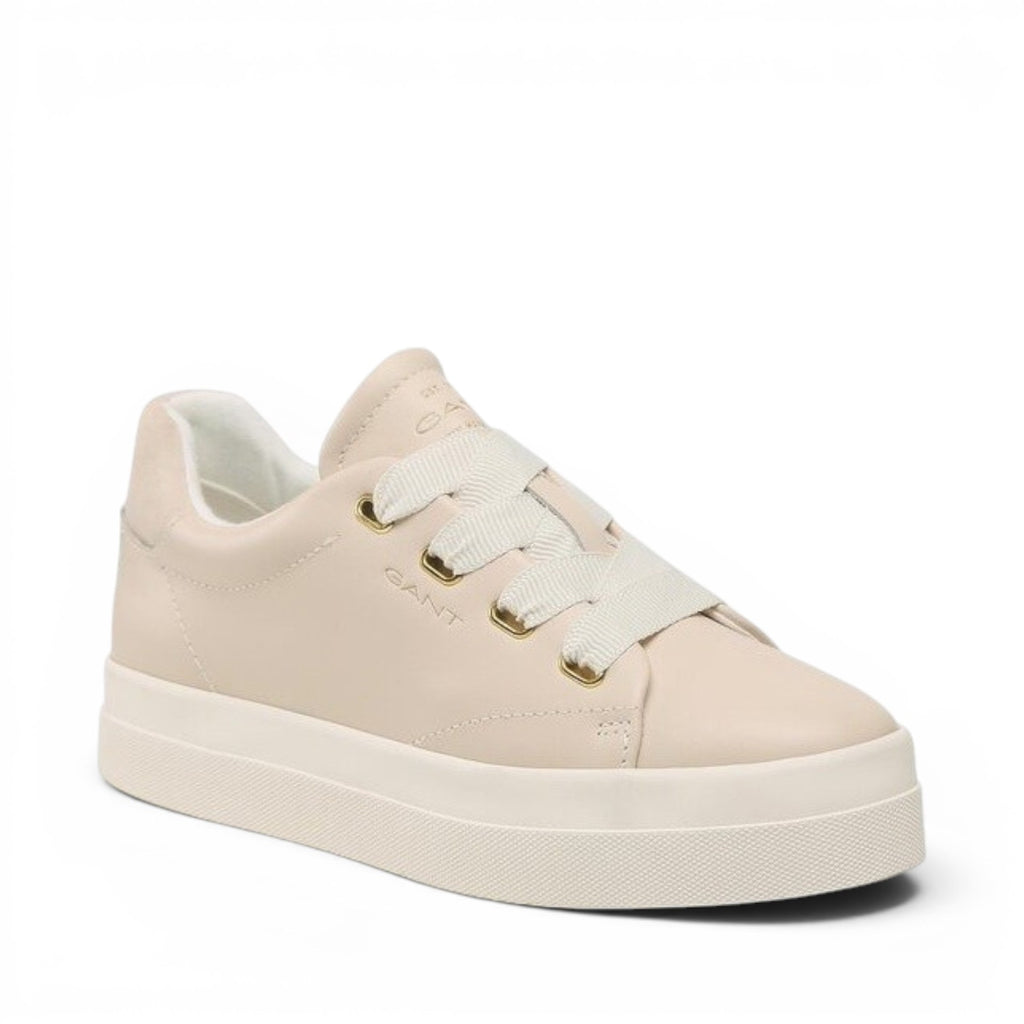 My Store Avona women's beige leather low-top sneakers with white laces and rubber sole.