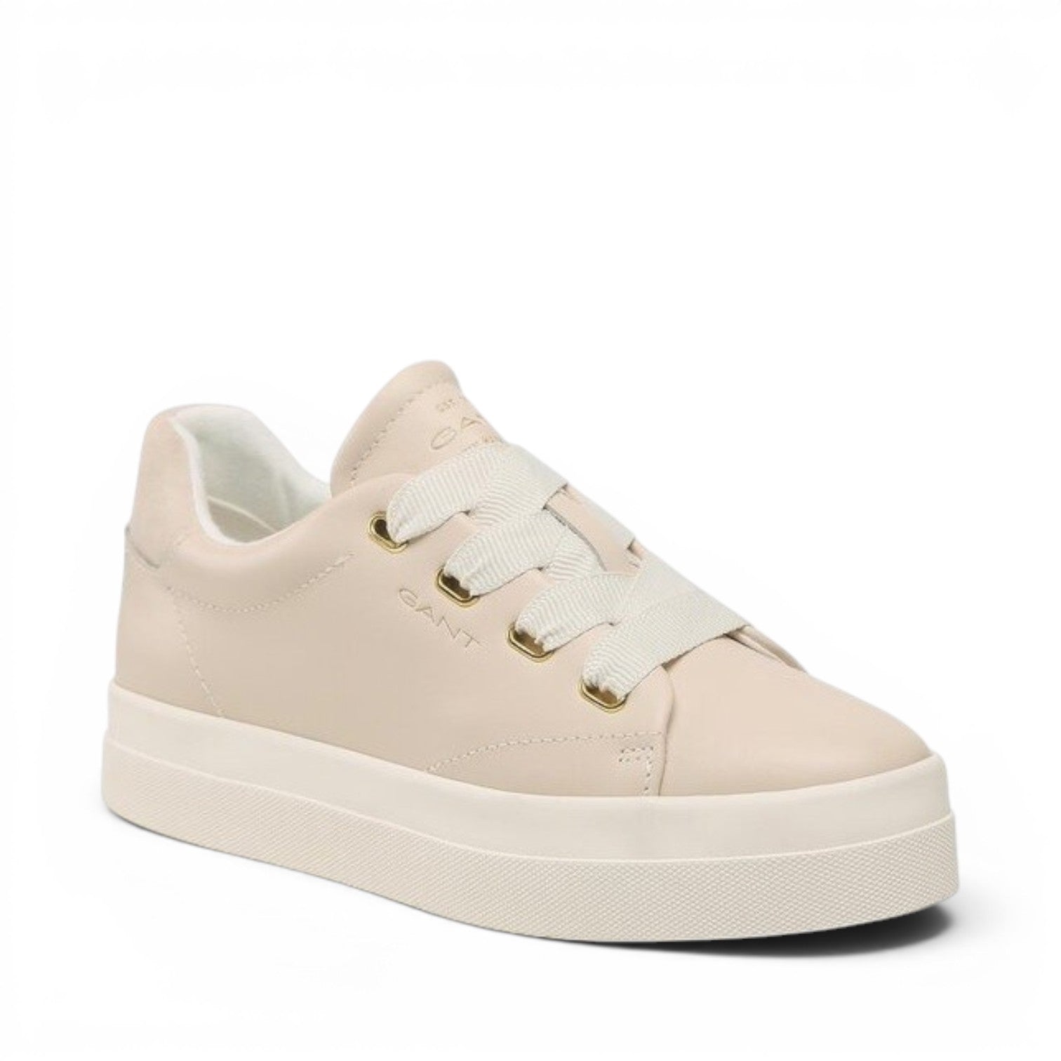 My Store Avona women's beige leather low-top sneakers with white laces and rubber sole.