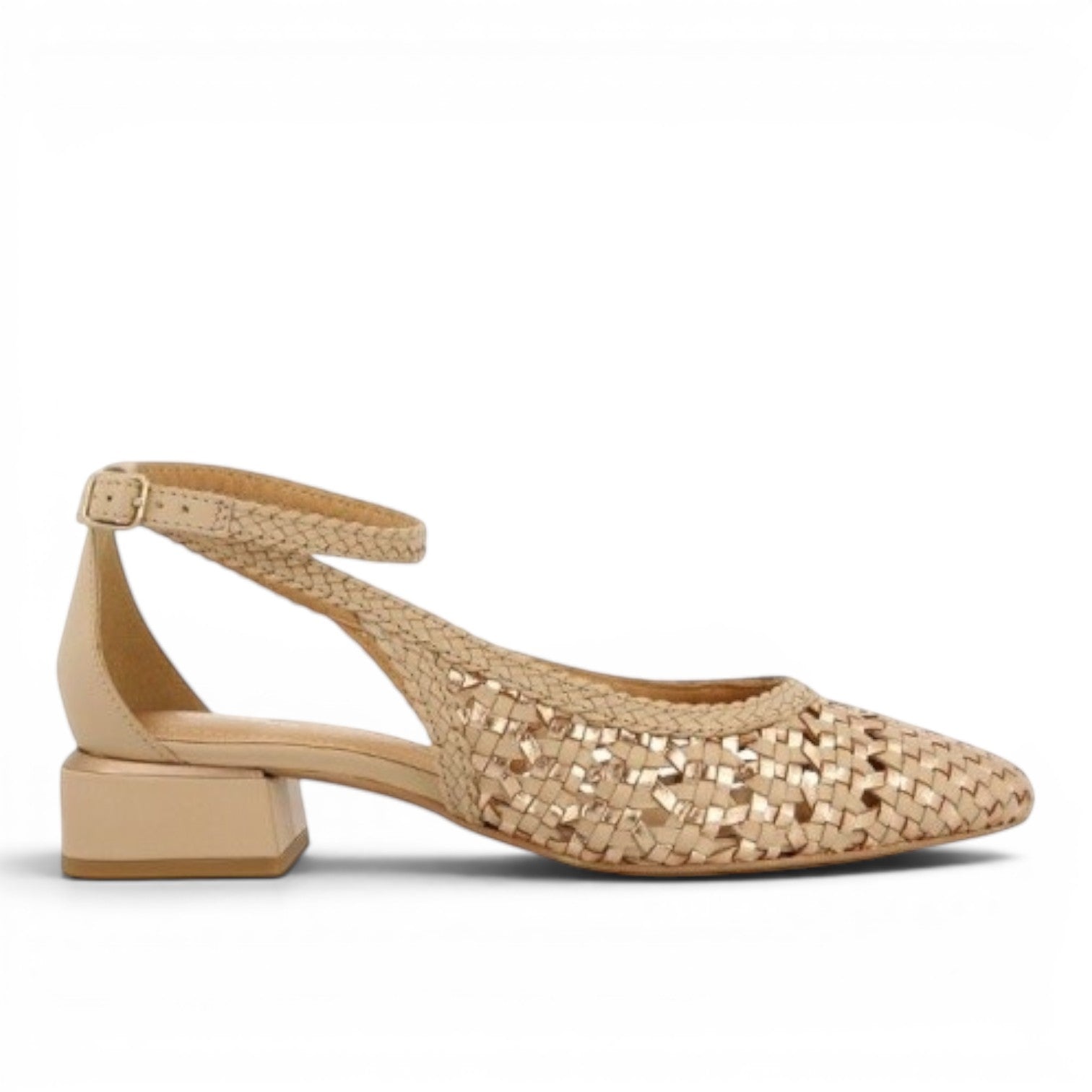 My Store Bardejov beige leather woven flat shoes with ankle strap and low block heel.