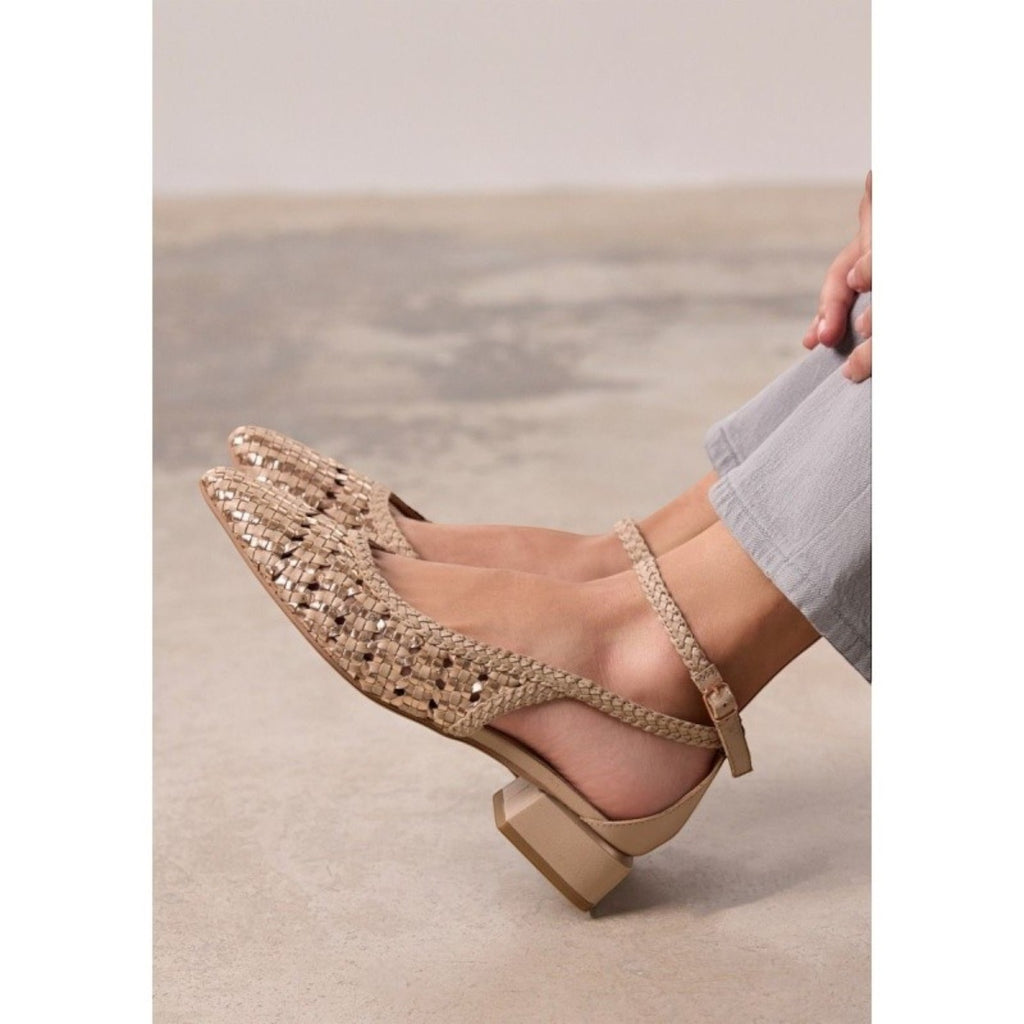 My Store Bardejov woven leather flats with ankle strap and block heel in beige.