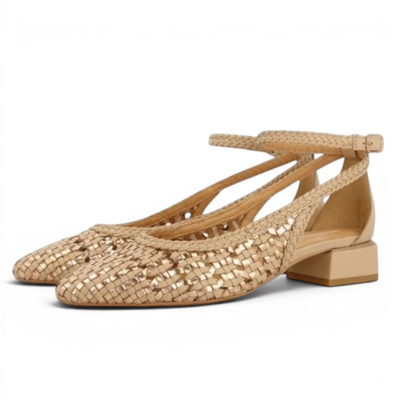 My Store Bardejov gold woven leather ballet flats with ankle strap and block heel.