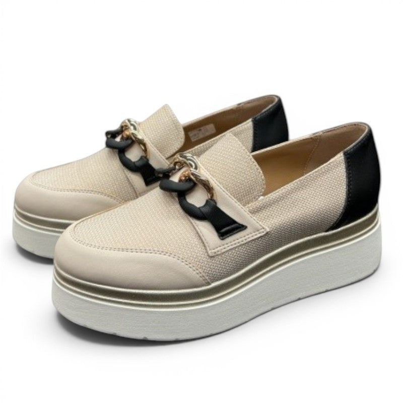 My Store beige and black faux leather and textile loafers with chain detail and platform sole.