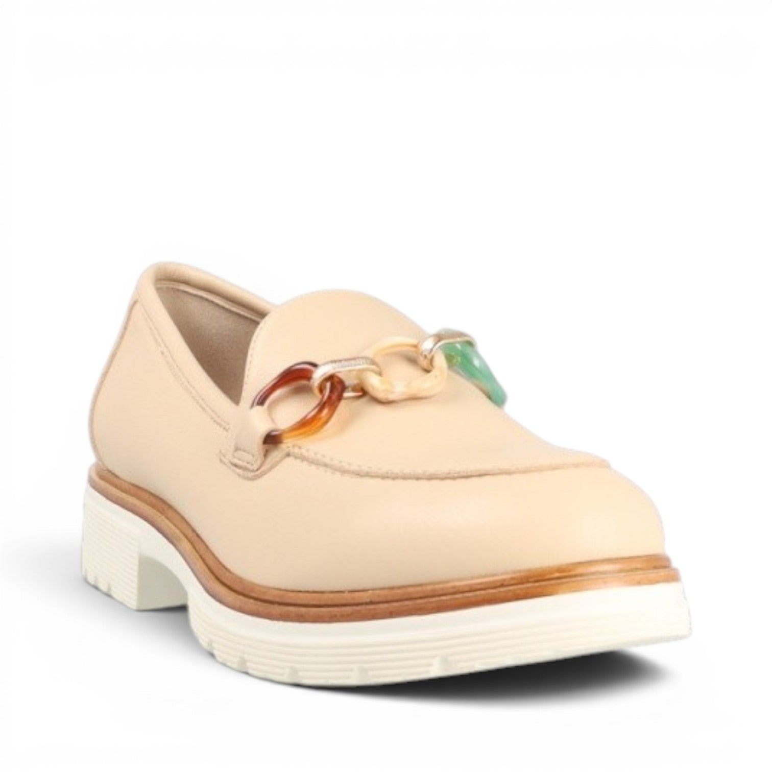My Store beige faux leather loafers with decorative chain detail and leather insole, made in Italy.