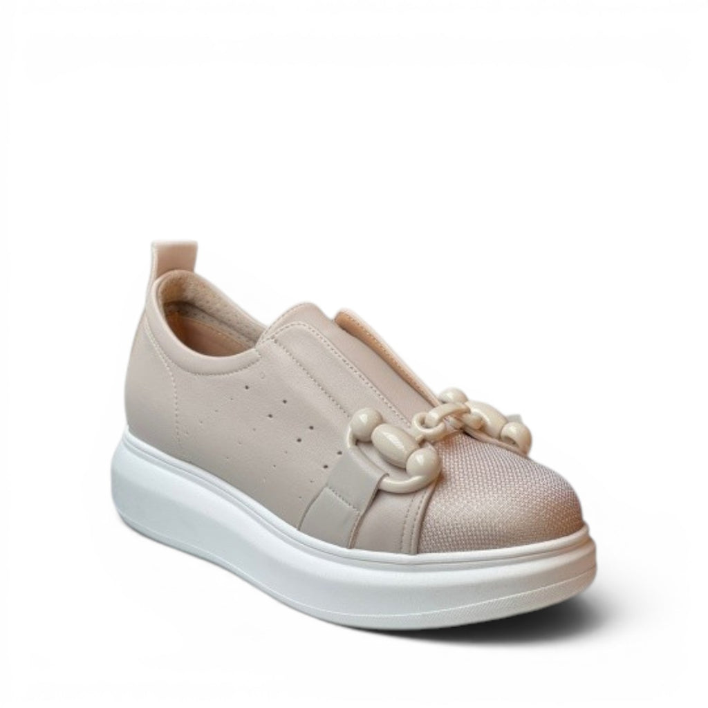 My Store beige faux leather slip-on sneakers with a chunky chain detail and white platform sole.