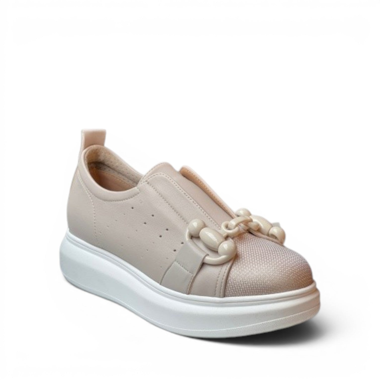 My Store beige faux leather slip-on sneakers with a chunky chain detail and white platform sole.