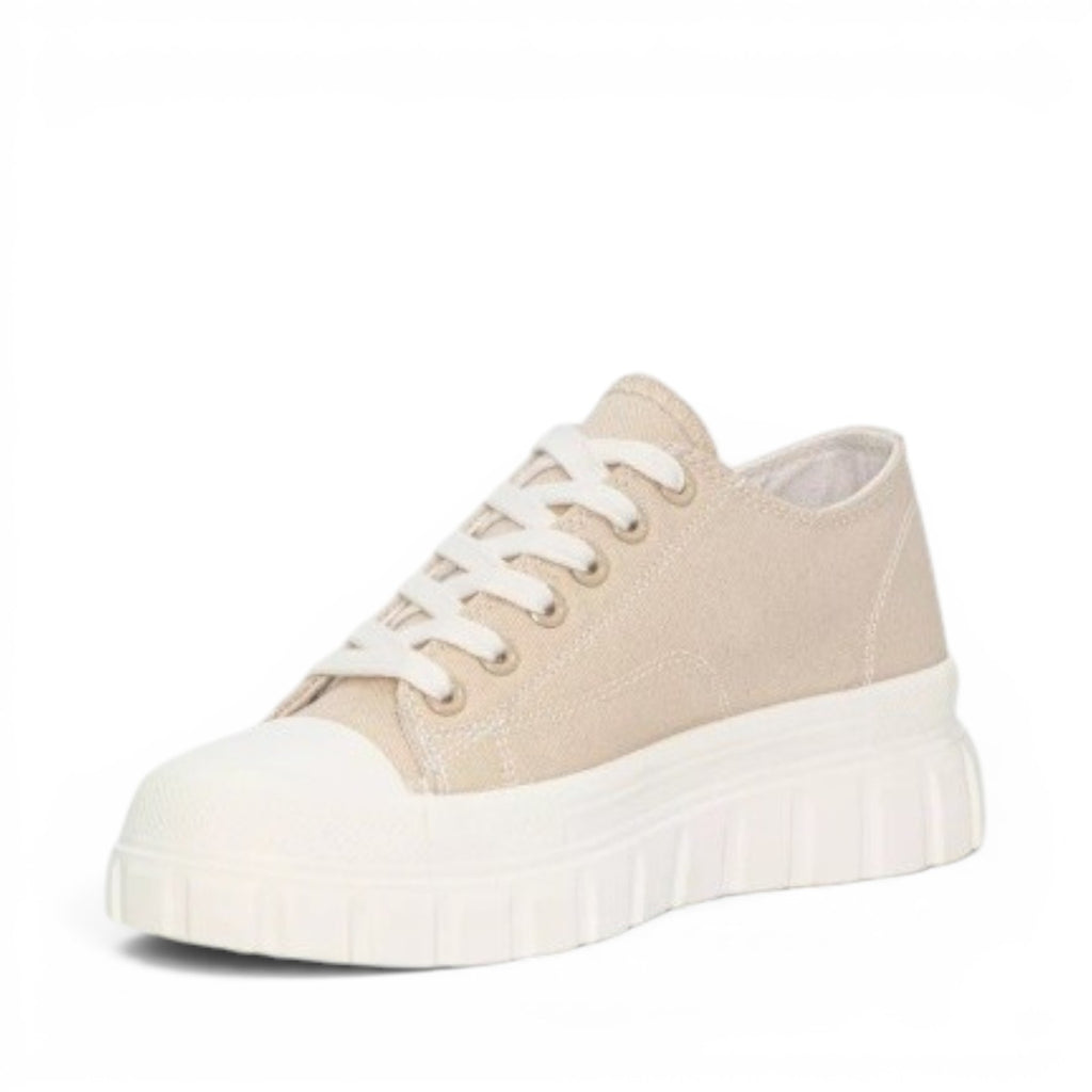 My Store beige textile low-top sneakers with white platform sole and laces.