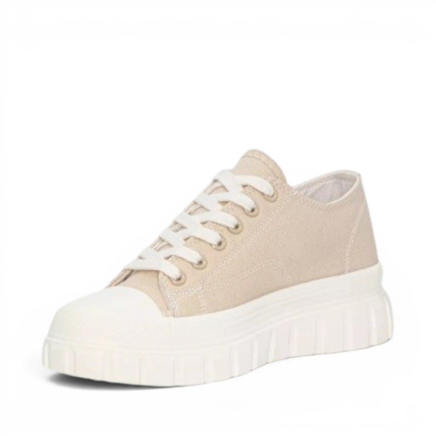My Store beige textile low-top sneakers with white platform sole and laces.
