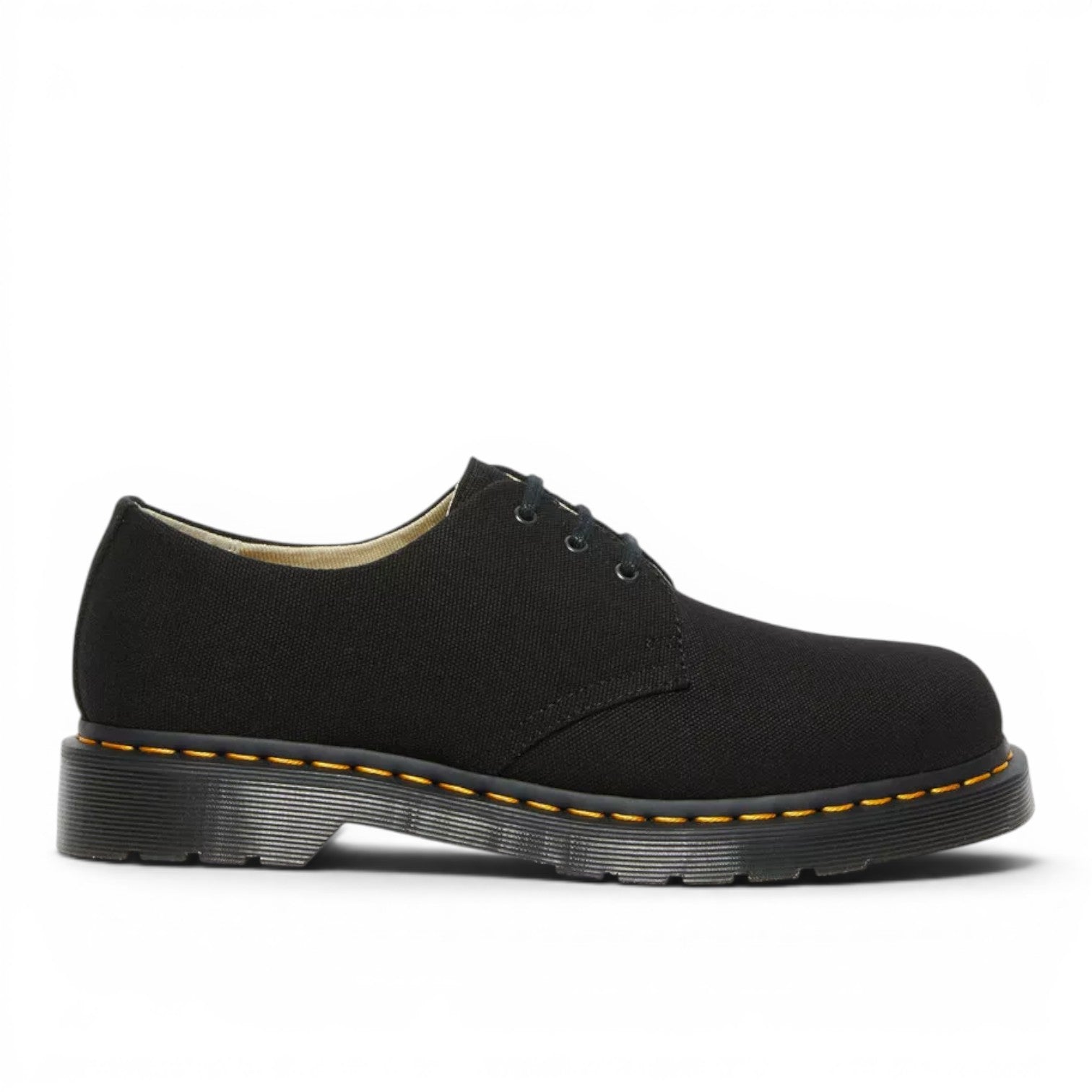 My Store black canvas 1461 Oxford shoes with yellow stitching and PVC sole. Made from 100% organic cotton.
