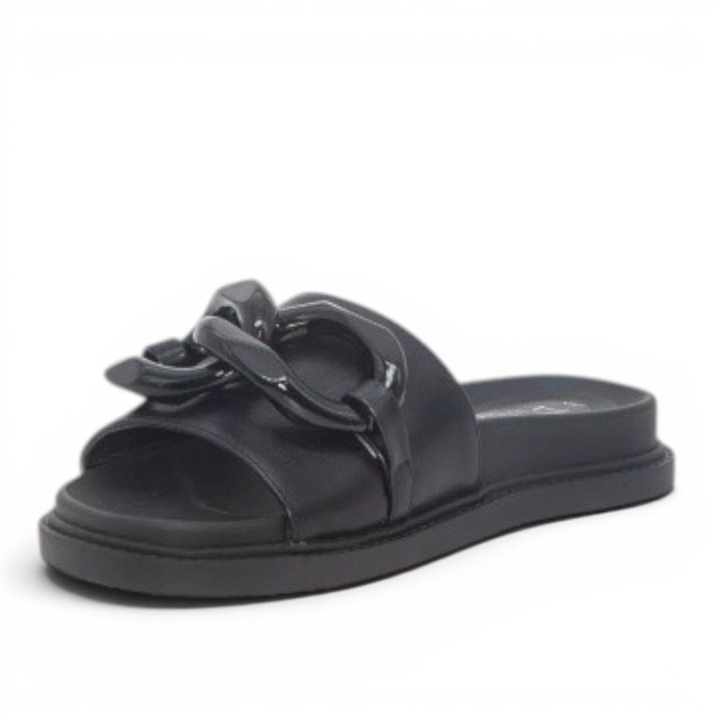 My Store black synthetic slide sandals with a chunky chain detail on the strap.