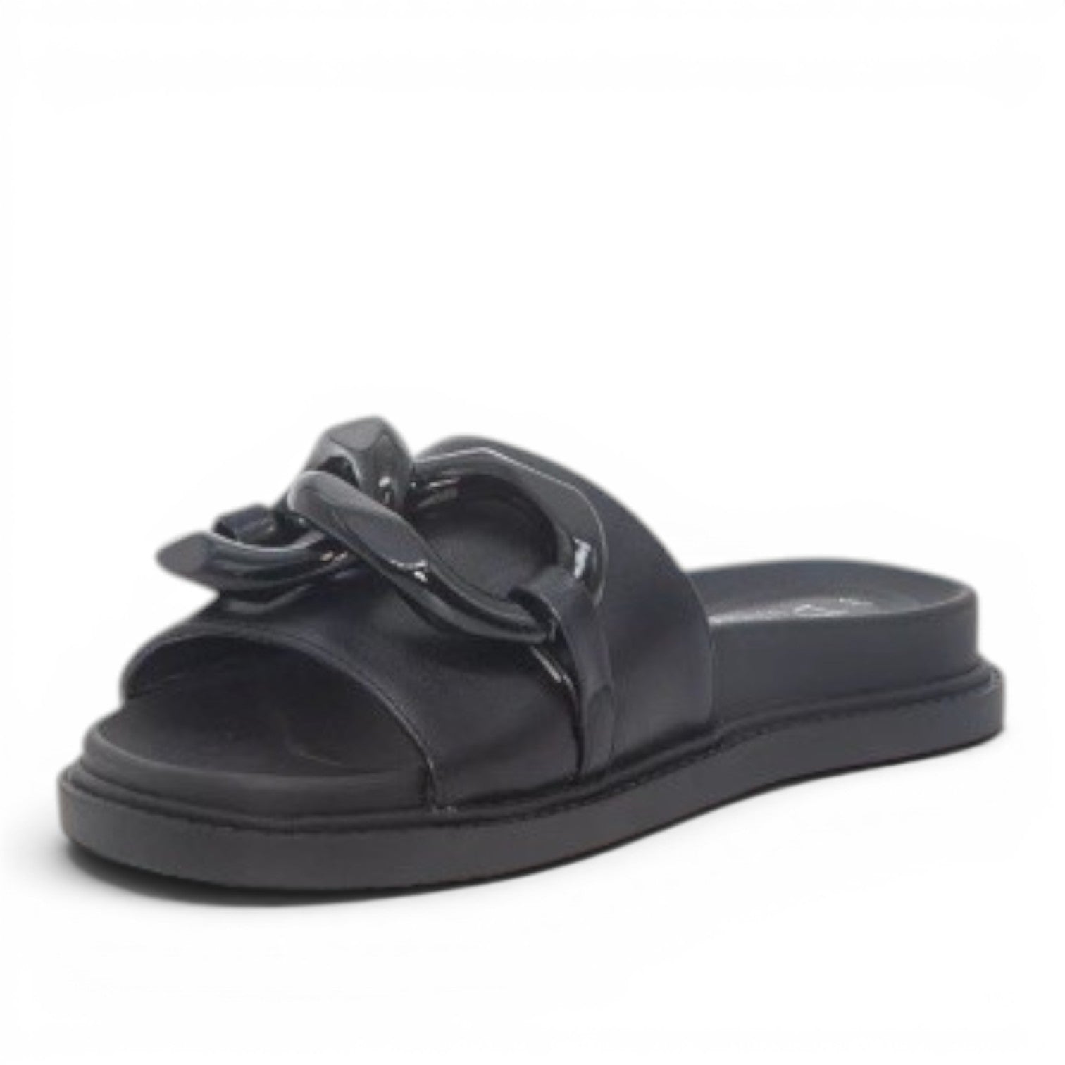 My Store black synthetic slide sandals with a chunky chain detail on the strap.