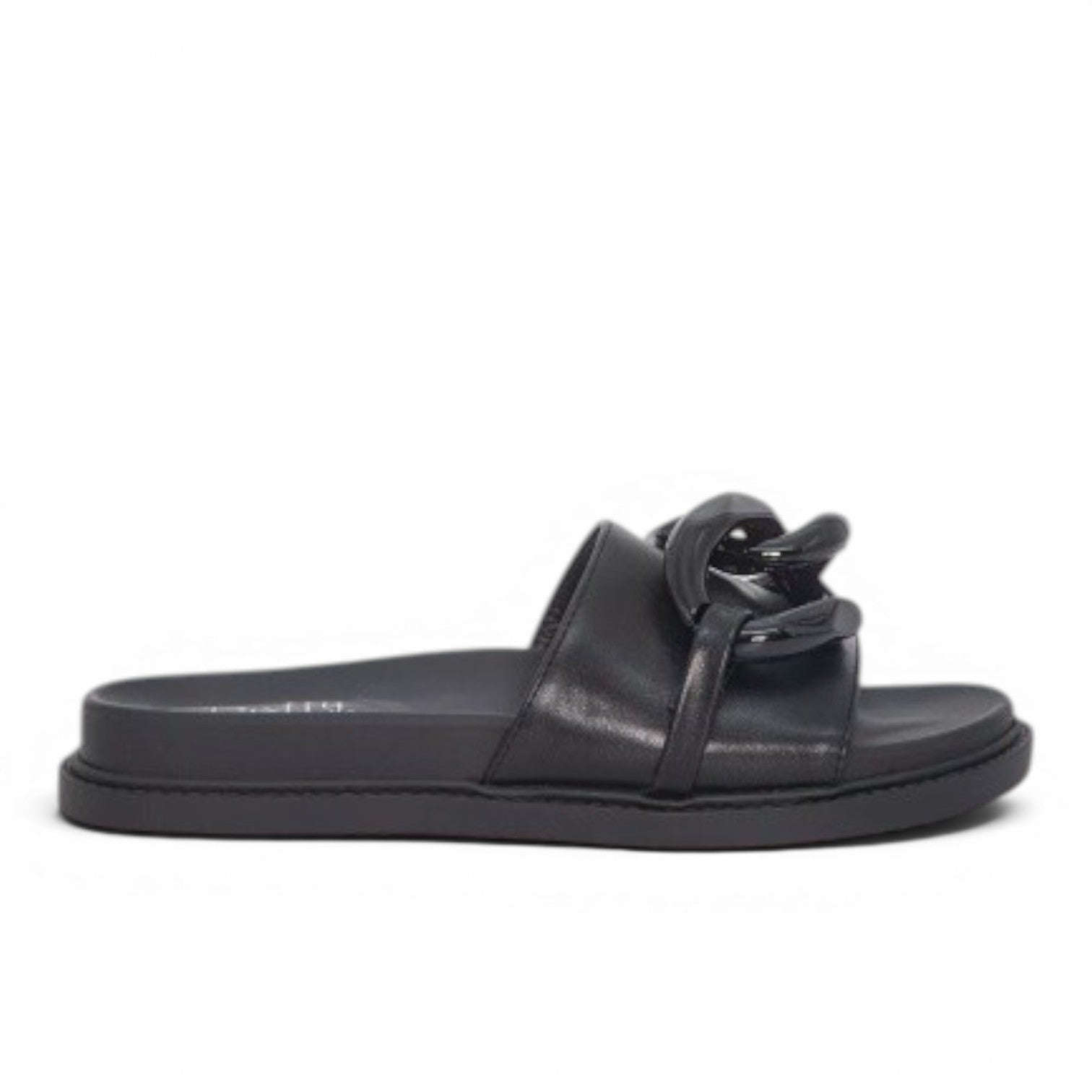 My Store black synthetic slide sandals with a chunky chain detail on the strap.