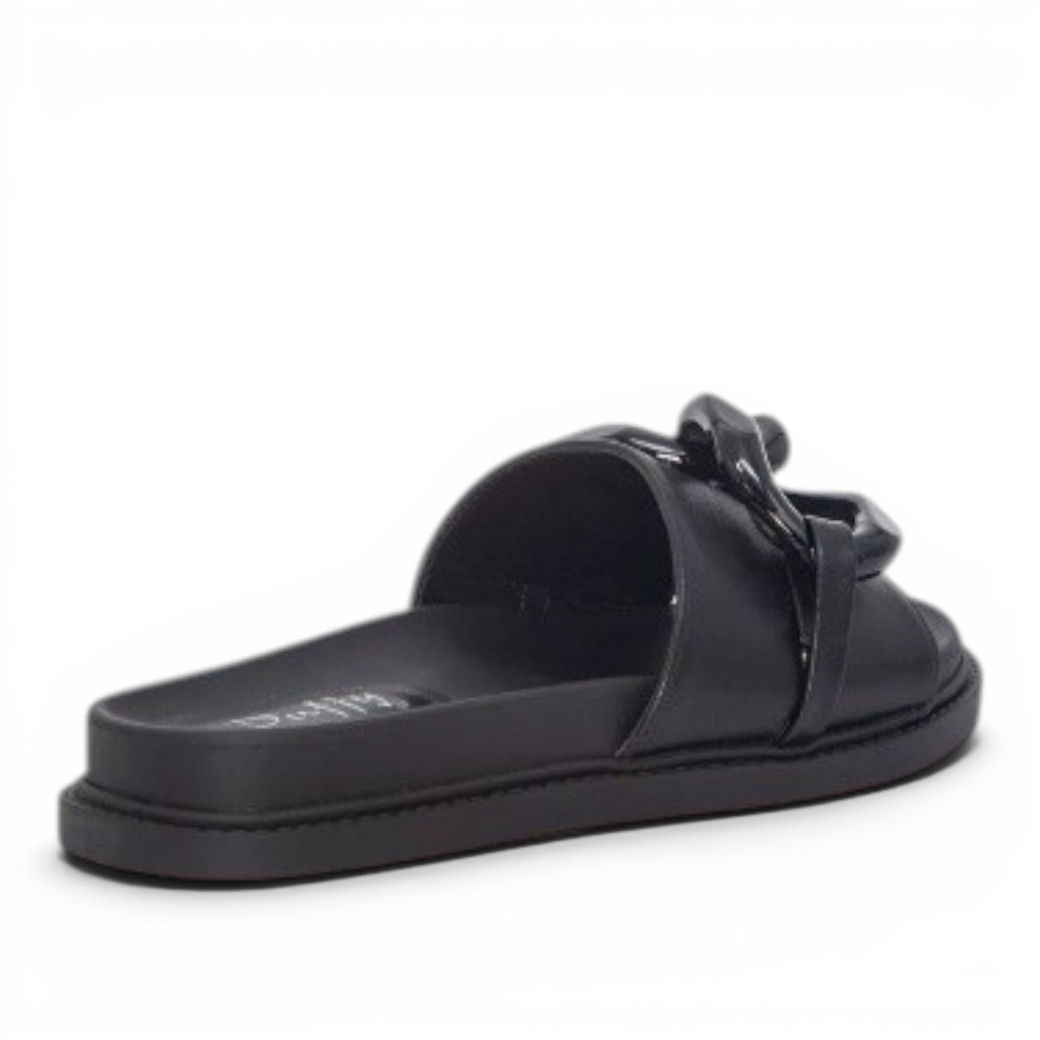 My Store black synthetic slide sandals with a chunky chain detail across the vamp.