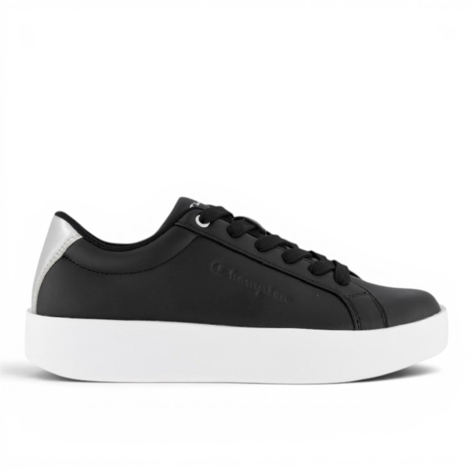 My Store black faux leather low-top sneakers with white sole and silver heel accent. Champion logo embossed on side.