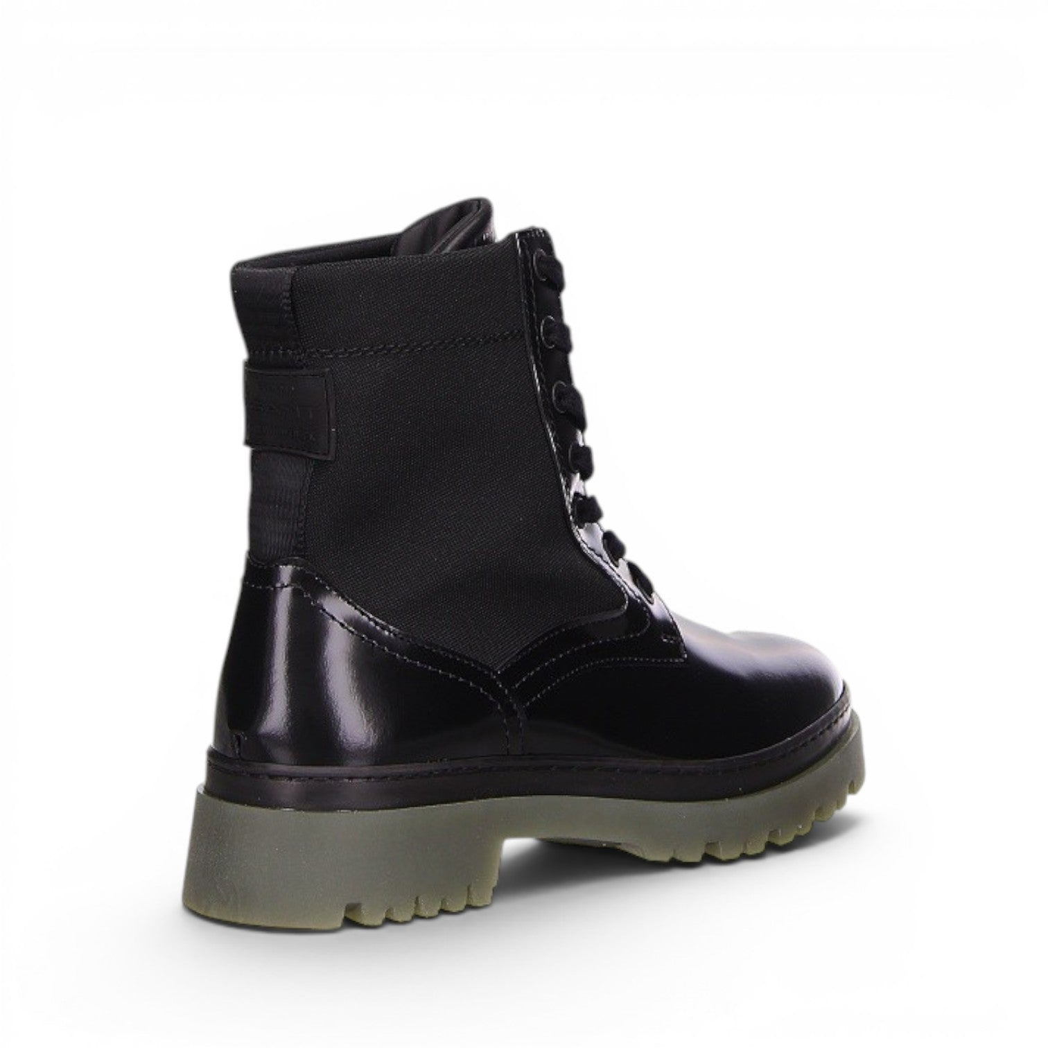 My Store black patent leather and textile lace-up combat boots with a rubber sole.