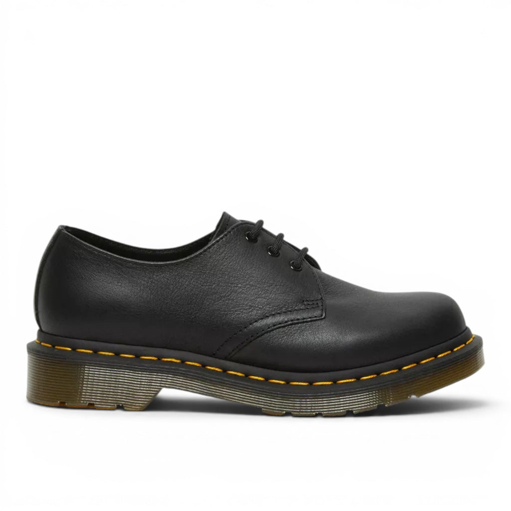 My Store black leather Dr. Martens 1461 Virginia Oxford shoes with yellow stitching and air-cushioned sole.